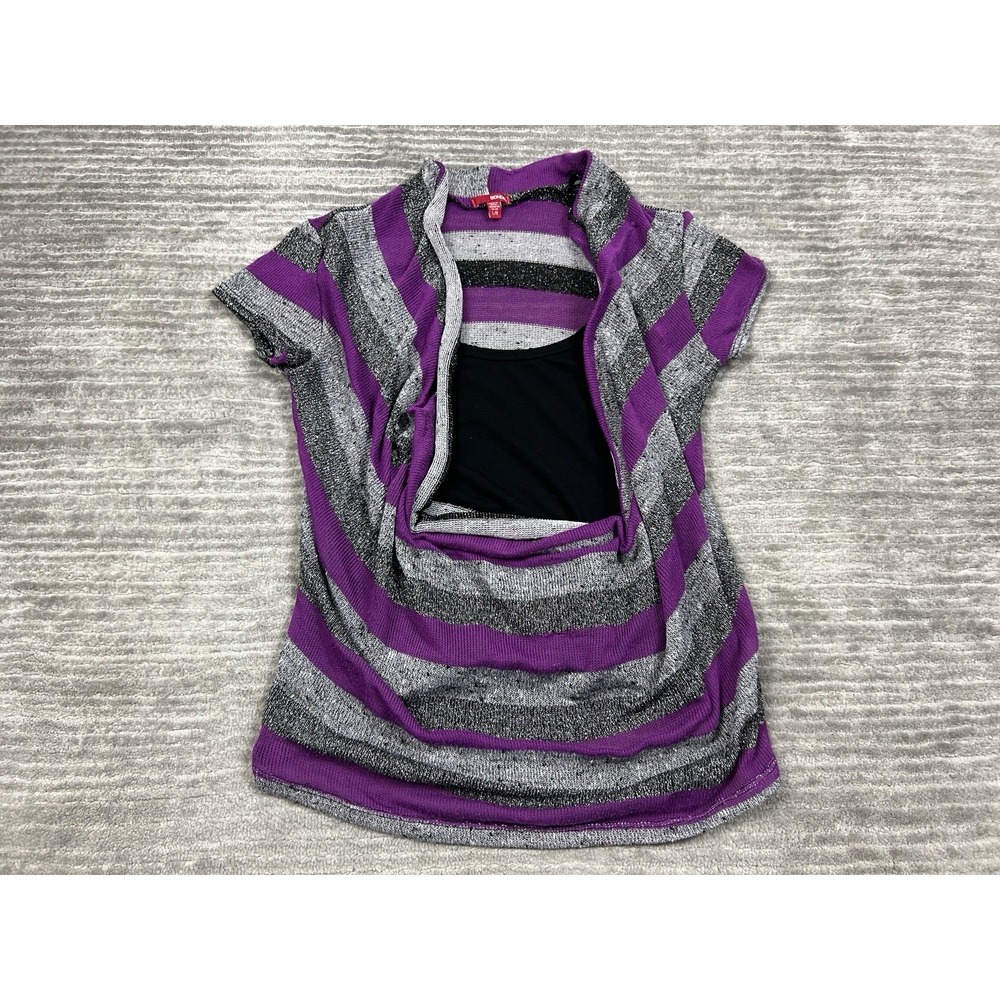 Bongo Top Womens Large Multicolor Striped Short Sleeve Cowl Neck Polyester Blend